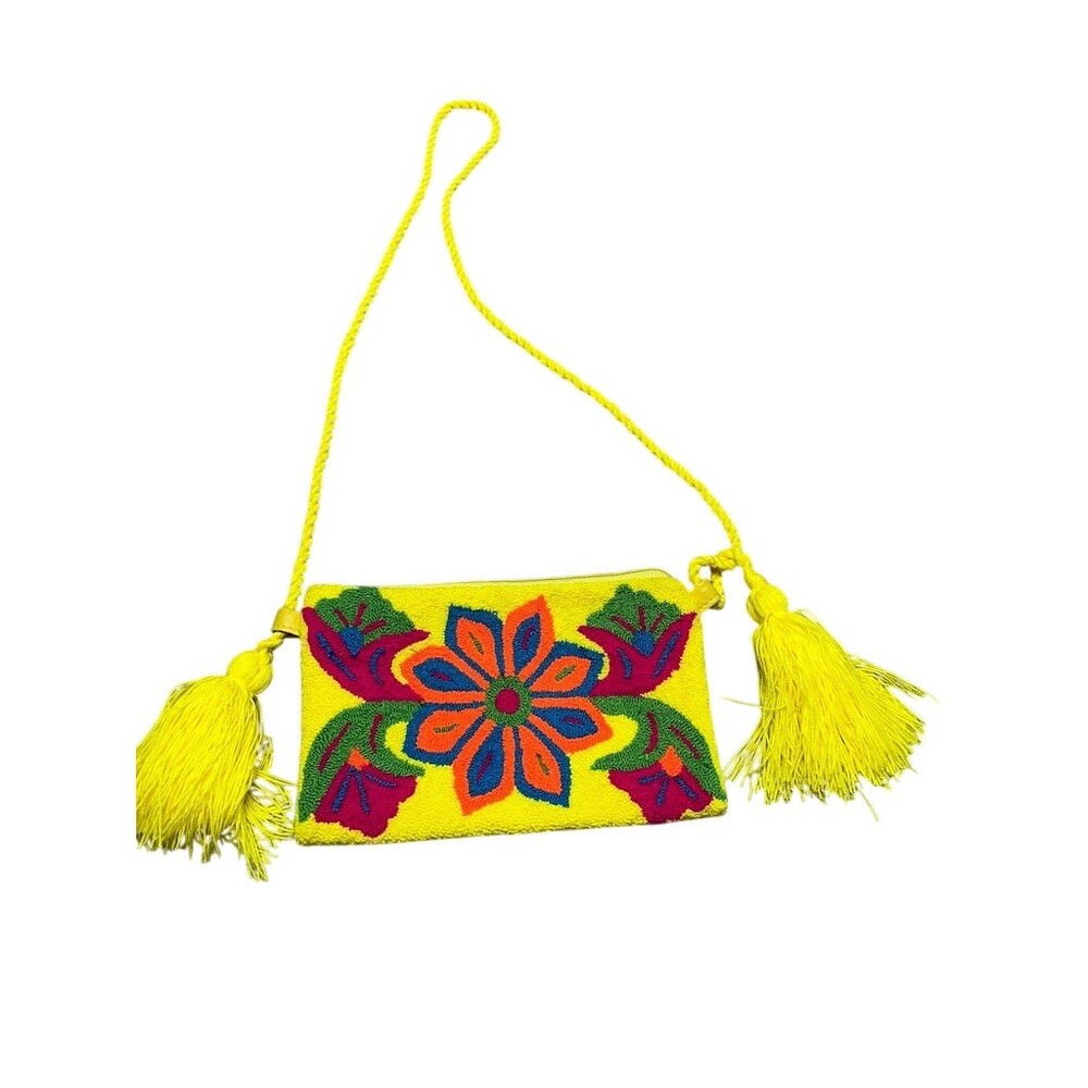 Crescent Lufkin Crossbody Clutch Purse‎ Yellow Floral Embroidered Tassel